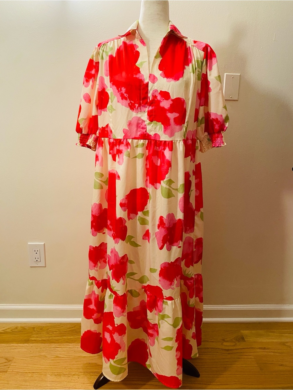 Cream Floral Maxi Dress with Red & Pink Blooms